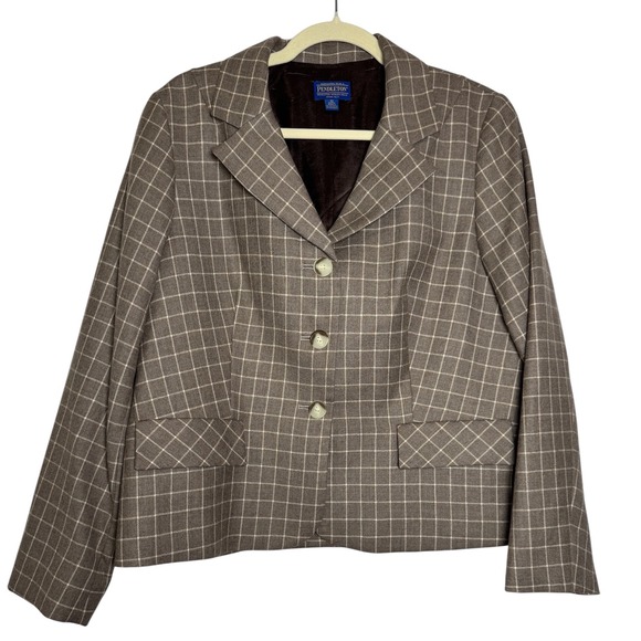 Pendleton Women's 100% Wool Plaid Blazer Jacket Brown Beige Petite Size 12 - Picture 1 of 11